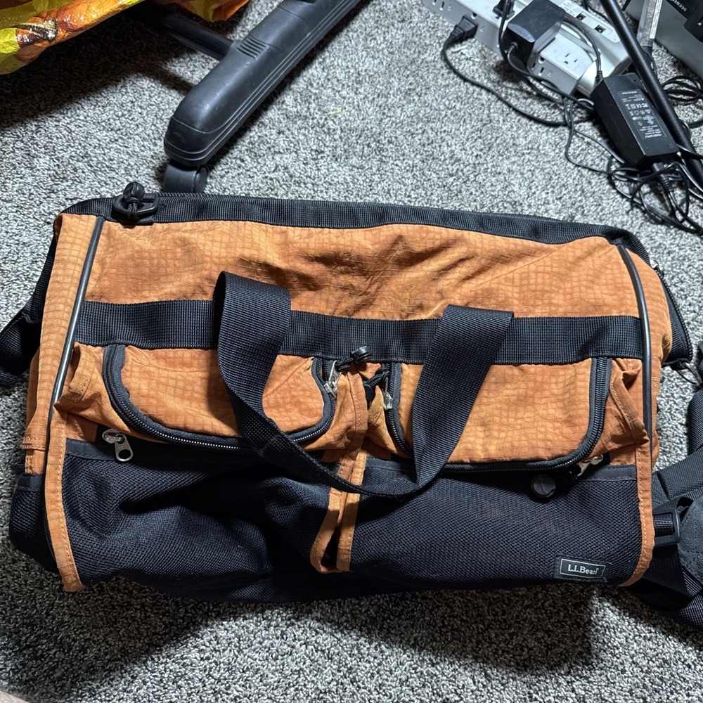 LL BEAN Large Orange Duffle Bag Canvas Adjustable Carrying Strap Camping Travel